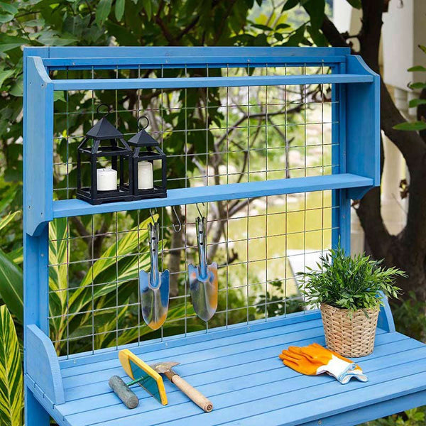 Blue Wood Potting Bench with Garden Tool Hanging Trellis and Slatted Shelf - Deals Kiosk