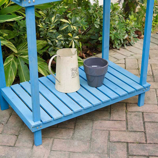 Blue Wood Potting Bench with Garden Tool Hanging Trellis and Slatted Shelf - Deals Kiosk