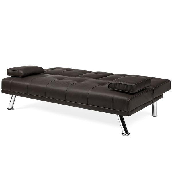Brown Faux Leather Convertible Sofa Futon with 2 Cup Holders - Deals Kiosk