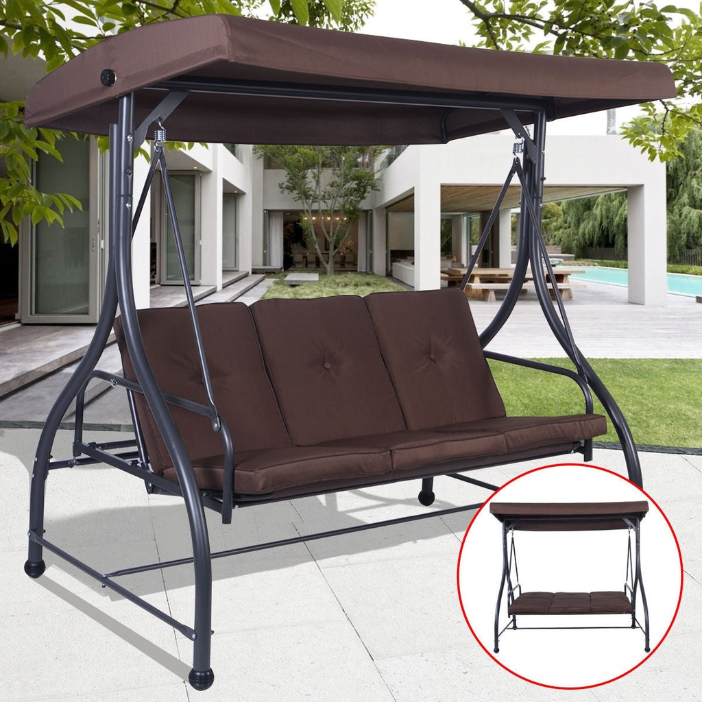 Brown Adjustable 3 Seat Cushioned Porch Patio Canopy Swing Chair - Deals Kiosk