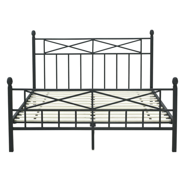 Full size Matte Black Metal Platform Bed Frame with Headboard Footboard and Wood Slats - Deals Kiosk