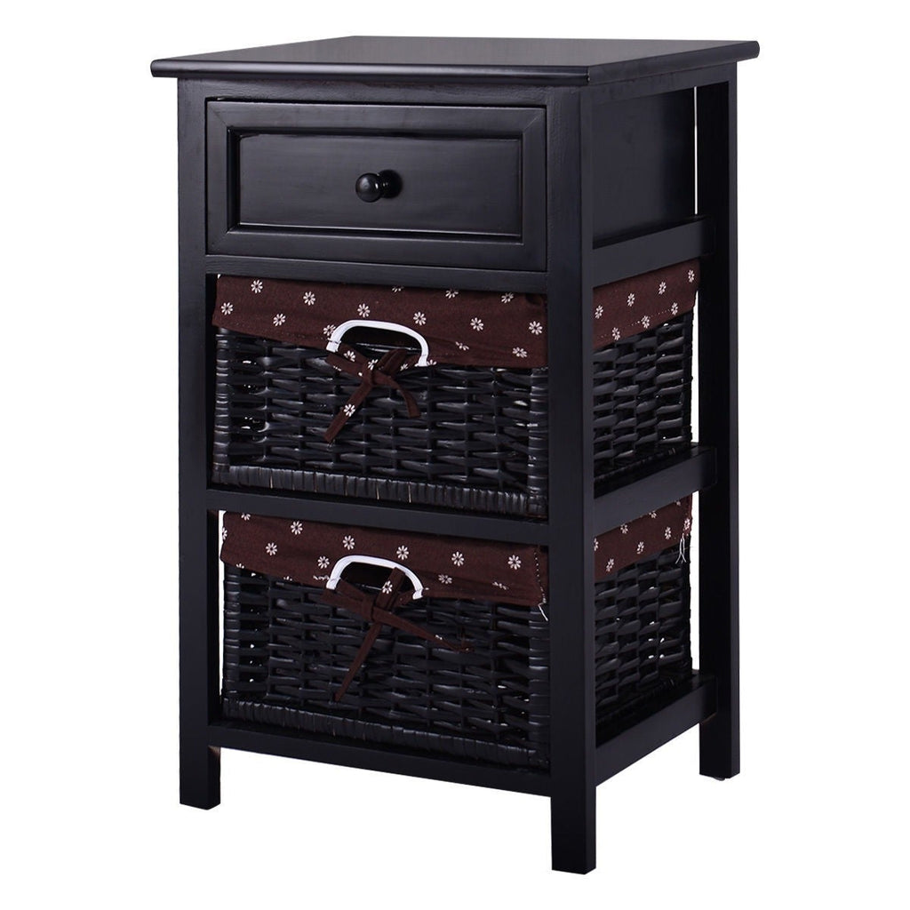 Black Wood 1-Drawer End Table Nightstand with 2 Storage Baskets - Deals Kiosk