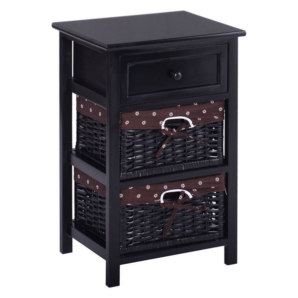 Black Wood 1-Drawer End Table Nightstand with 2 Storage Baskets - Deals Kiosk