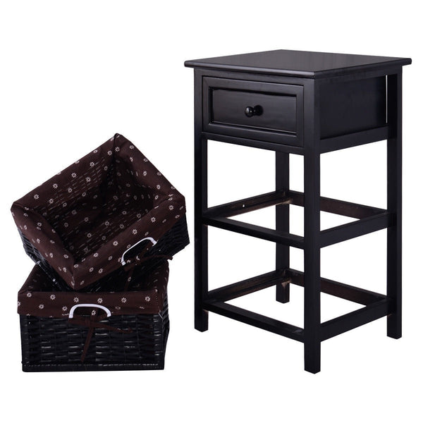 Black Wood 1-Drawer End Table Nightstand with 2 Storage Baskets - Deals Kiosk