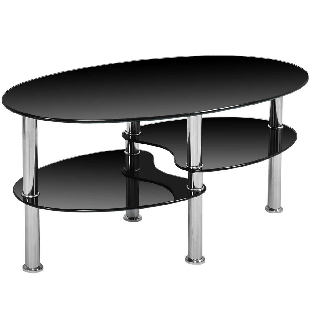 Modern Black Tempered Glass Coffee Table with Bottom Shelf - Deals Kiosk