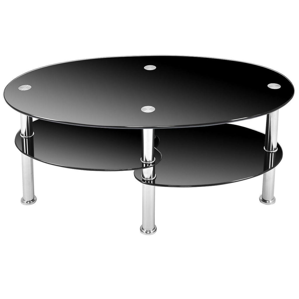 Modern Black Tempered Glass Coffee Table with Bottom Shelf - Deals Kiosk