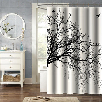 Birds in Tree Black White Shower Curtain in Polyester Fabric - Deals Kiosk