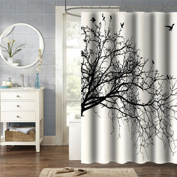 Birds in Tree Black White Shower Curtain in Polyester Fabric - Deals Kiosk