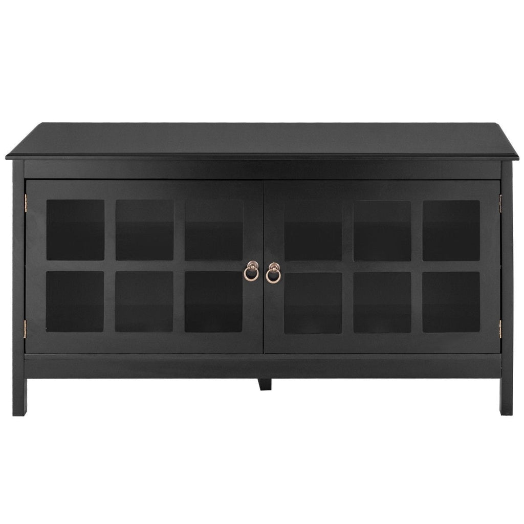 Black Wood TV Stand with Glass Panel Doors for up to 50-inch TV - Deals Kiosk