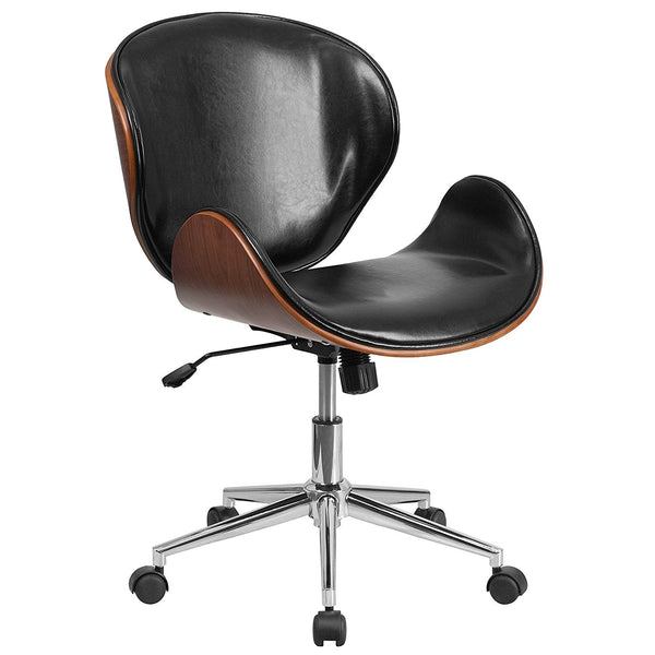 Mid-Back Walnut / Black Faux Leather Office Chair with Curved Bentwood Seat - Deals Kiosk