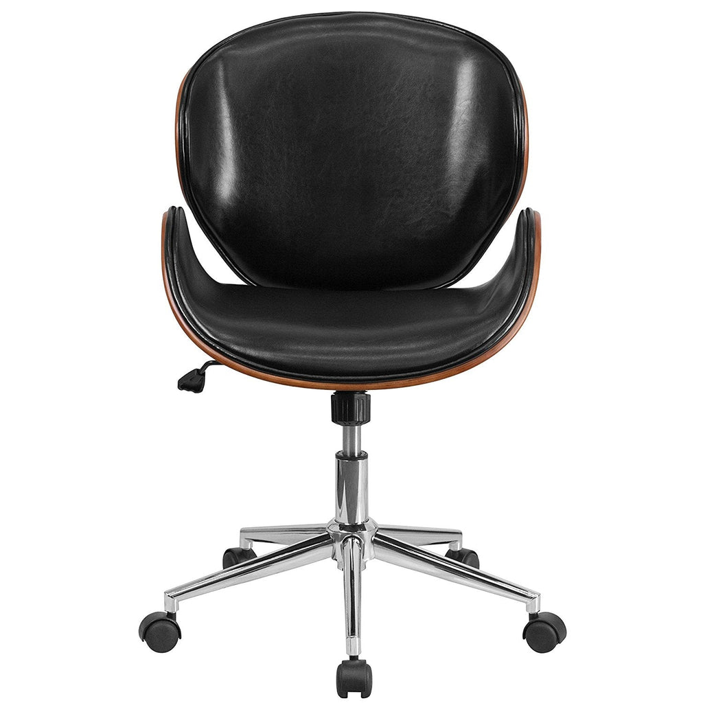 Mid-Back Walnut / Black Faux Leather Office Chair with Curved Bentwood Seat - Deals Kiosk