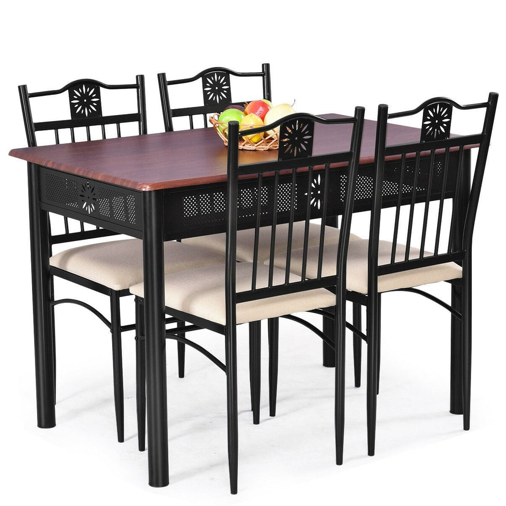 5-Piece Black Brown Dining Set Wood Metal Table Chairs with Cushions - Deals Kiosk