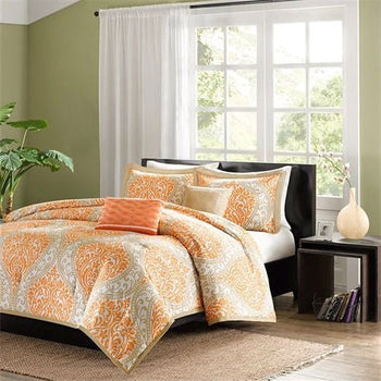 California King size 5-Piece Comforter Set in Orange Damask Print - Deals Kiosk