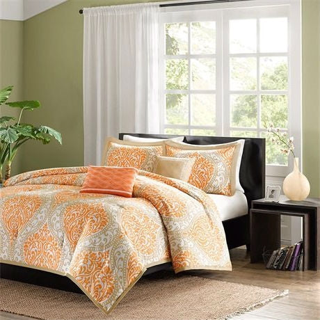 California King size 5-Piece Comforter Set in Orange Damask Print - Deals Kiosk