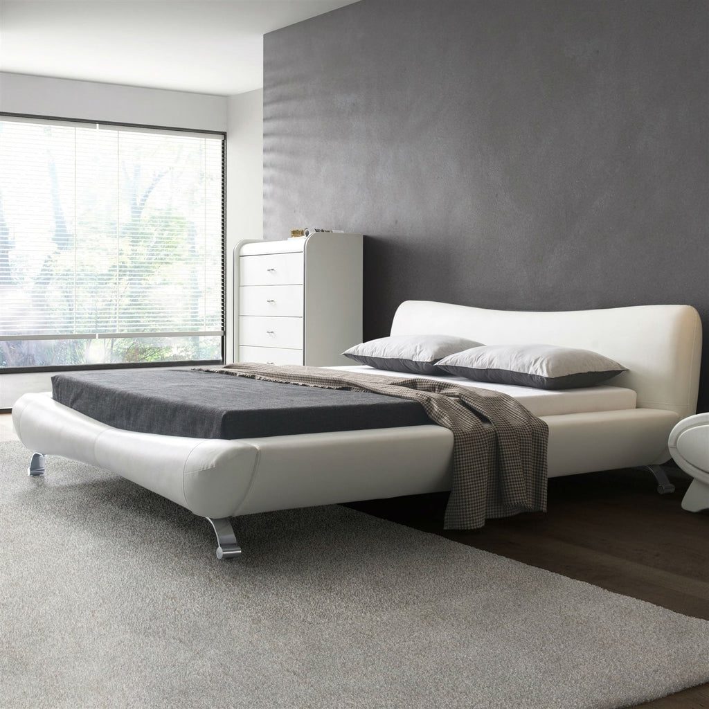 California King White Faux Leather Upholstered Platform Bed with Modern Headboard - Deals Kiosk