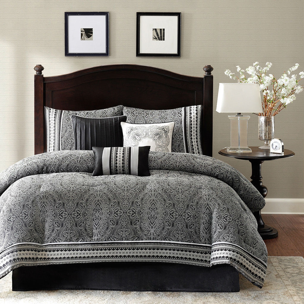 California King size 7-Piece Comforter Set in Black White Luxury Damask - Deals Kiosk