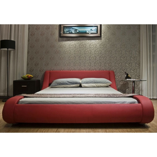 California King Red Faux Leather Upholstered Platform Bed with Modern Curved Headboard - Deals Kiosk