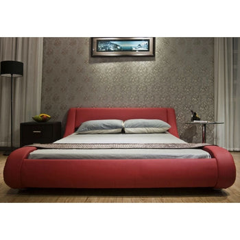 California King Red Faux Leather Upholstered Platform Bed with Modern Curved Headboard - Deals Kiosk