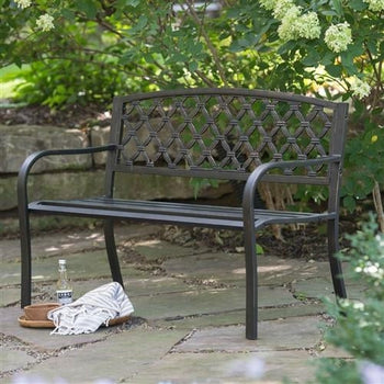 4-FT Curved Back Metal Bench in Weathered Black with Antique Bronze - Deals Kiosk