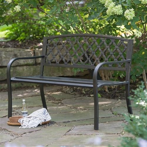 4-FT Curved Back Metal Bench in Weathered Black with Antique Bronze - Deals Kiosk