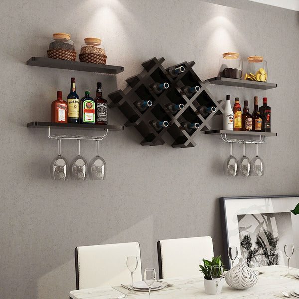 Black 5 Piece Wall Mounted Wine Rack Set with Storage Shelves - Deals Kiosk
