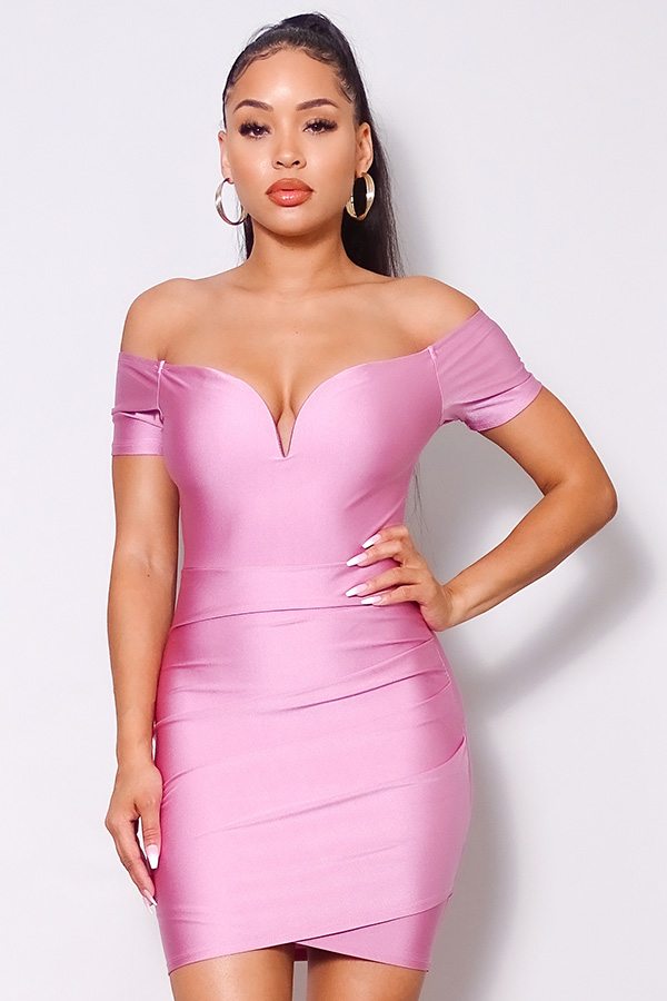 Off Shoulder V Front Gathered Bodycon Mini Dress - Deals Kiosk