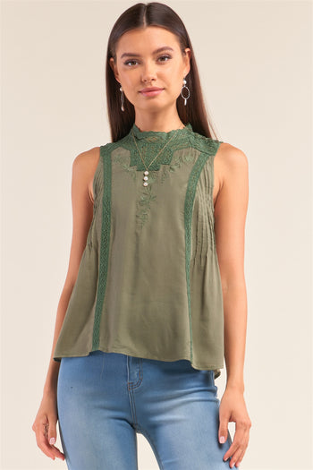 Forest Green Sleeveless Crochet Embroidered Hem Pleated Babydoll Top - Deals Kiosk