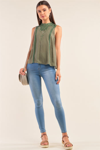 Forest Green Sleeveless Crochet Embroidered Hem Pleated Babydoll Top - Deals Kiosk