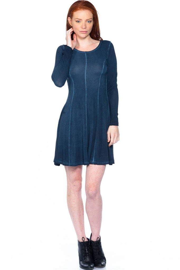 Boho Navy Blue Acid Wash Long Sleeves Swing Dress - Deals Kiosk
