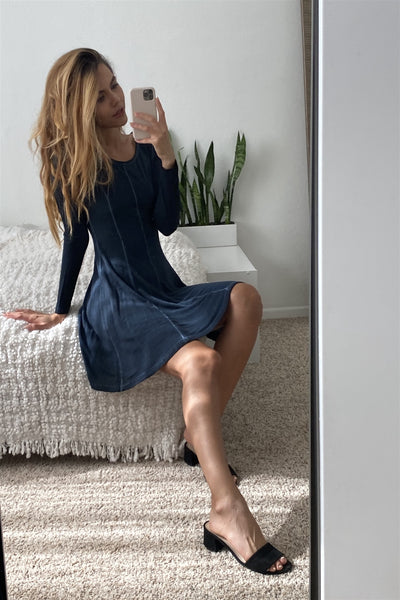 Boho Navy Blue Acid Wash Long Sleeves Swing Dress - Deals Kiosk