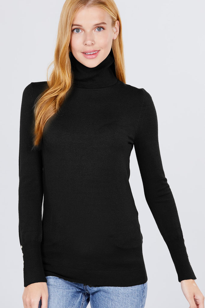 Long Sleeve With Metal Button Detail Turtle Neck Viscose Sweater - Deals Kiosk