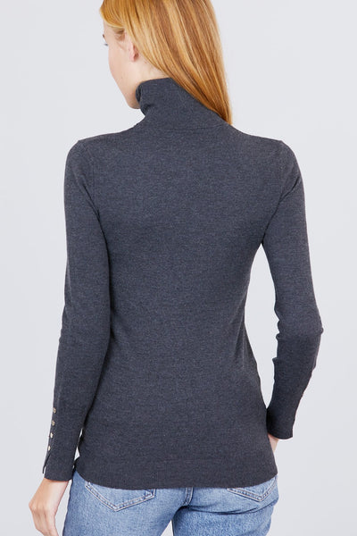 Long Sleeve With Metal Button Detail Turtle Neck Viscose Sweater - Deals Kiosk
