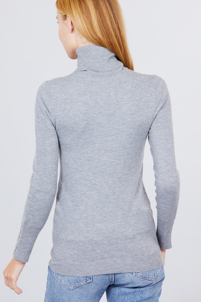 Long Sleeve With Metal Button Detail Turtle Neck Viscose Sweater - Deals Kiosk