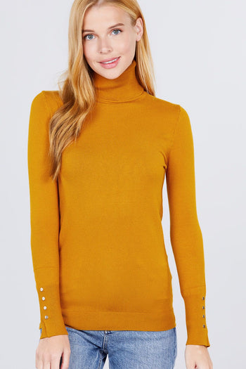 Long Sleeve With Metal Button Detail Turtle Neck Viscose Sweater - Deals Kiosk