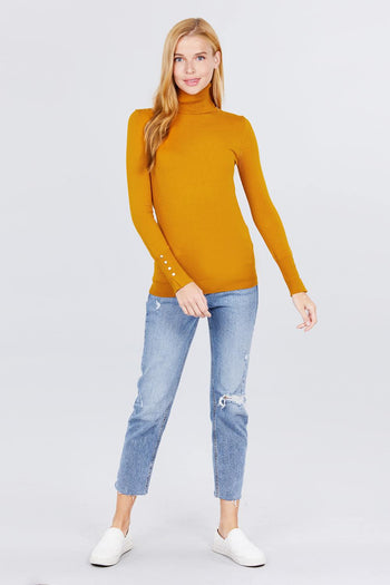 Long Sleeve With Metal Button Detail Turtle Neck Viscose Sweater - Deals Kiosk