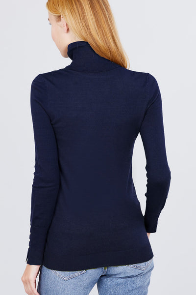 Long Sleeve With Metal Button Detail Turtle Neck Viscose Sweater - Deals Kiosk