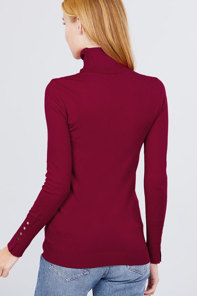 Long Sleeve With Metal Button Detail Turtle Neck Viscose Sweater - Deals Kiosk