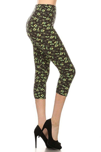 Clover Print, High Rise, Fitted Capri Leggings - Deals Kiosk