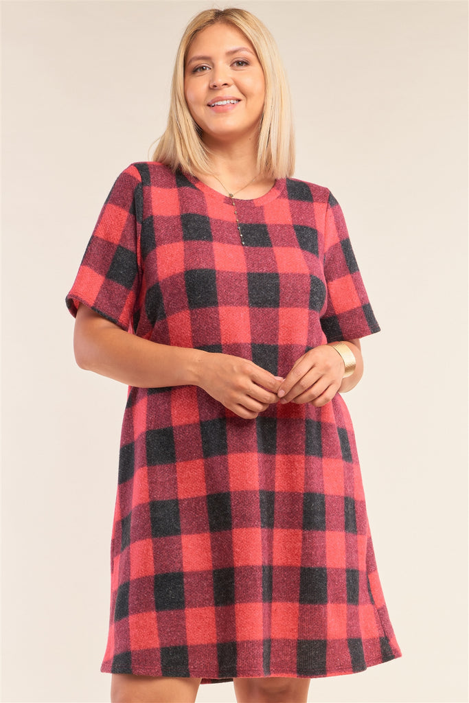 Plus Size Checkered Round Neck Short Sleeve Sweater Mini Dress - Deals Kiosk