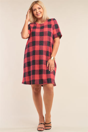 Plus Size Checkered Round Neck Short Sleeve Sweater Mini Dress - Deals Kiosk