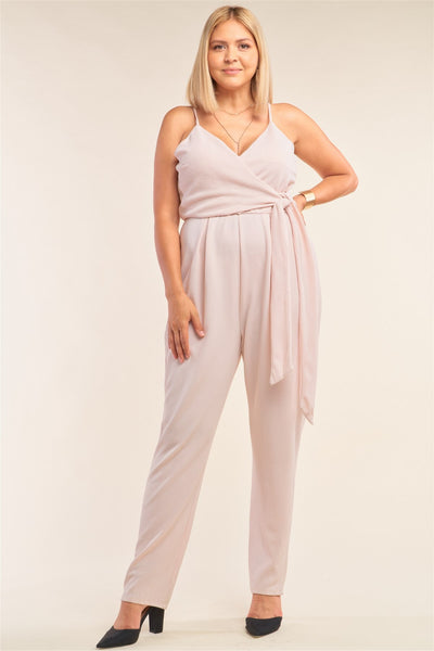 Plus Size Stone Blush Pink Sleeveless Self-tie Wrap Detail Deep Plunge V-neck Jumpsuit - Deals Kiosk