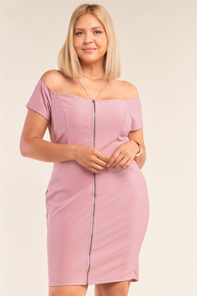Plus Size Fitted Off-the-shoulder Front Zipper Bodycon Mini Dress - Deals Kiosk