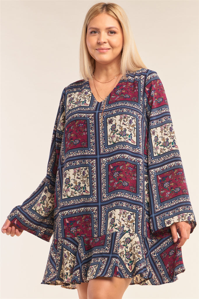 Plus Size Navy Mix Loose Fit V-neck Scarf Print Long Sleeve Flounce Hem Mini Dress - Deals Kiosk
