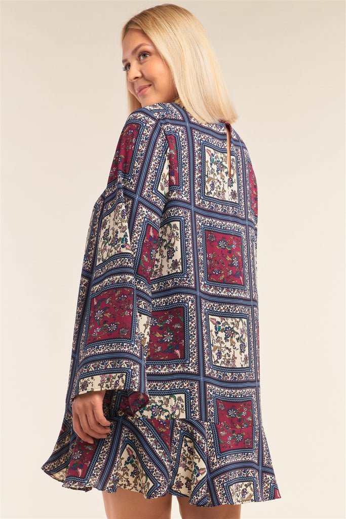 Plus Size Navy Mix Loose Fit V-neck Scarf Print Long Sleeve Flounce Hem Mini Dress - Deals Kiosk