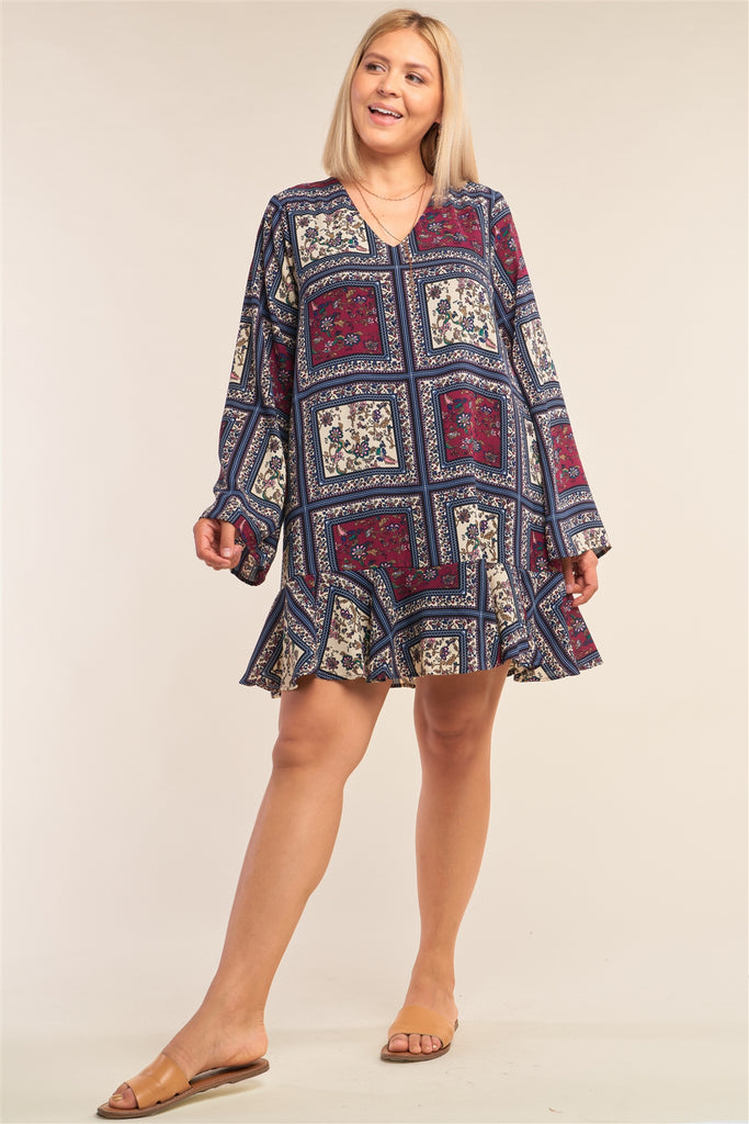 Plus Size Navy Mix Loose Fit V-neck Scarf Print Long Sleeve Flounce Hem Mini Dress - Deals Kiosk