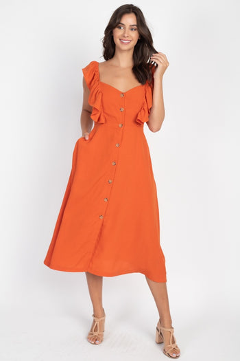 Button Front Ruffle Midi Dress - Deals Kiosk