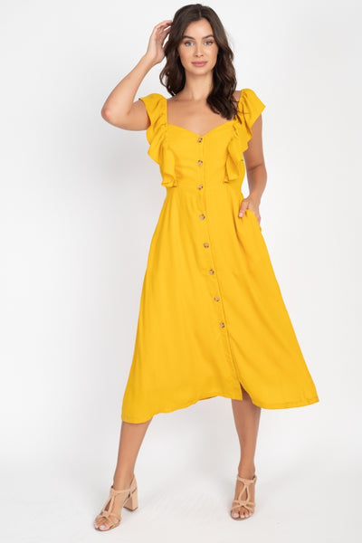 Button Front Ruffle Midi Dress - Deals Kiosk