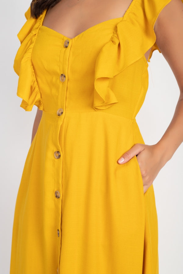 Button Front Ruffle Midi Dress - Deals Kiosk