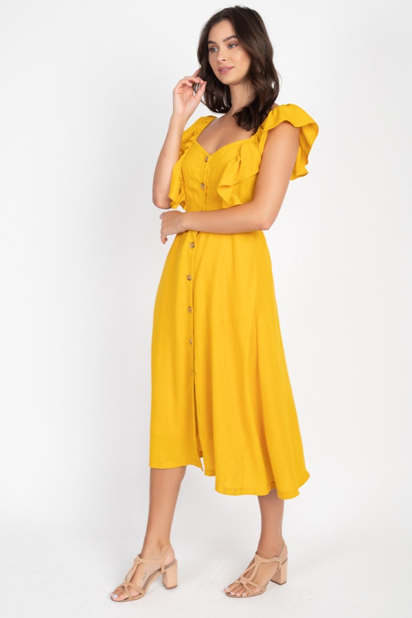 Button Front Ruffle Midi Dress - Deals Kiosk