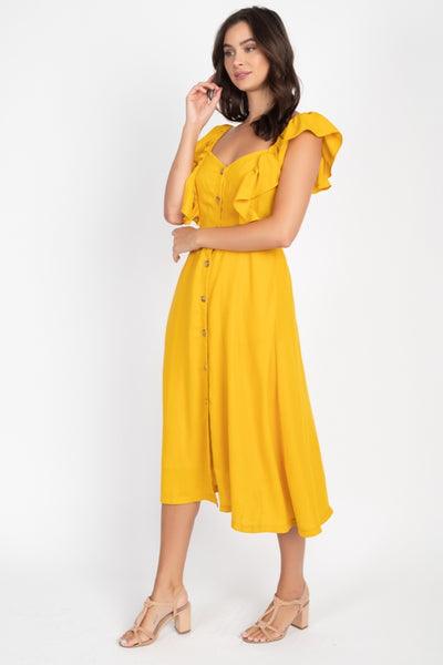 Button Front Ruffle Midi Dress - Deals Kiosk